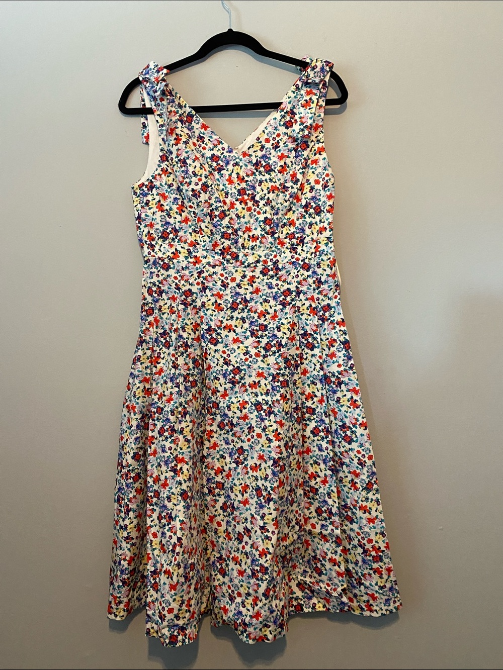 Liz Claiborne Ivory Midi Dress with Red, Blue & Purple Floral Print